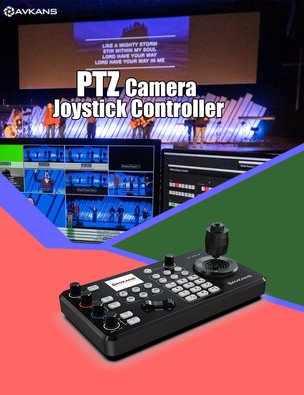 AVKANS Super PTZ Camera Joystick Controller, NDI Camera Controller Keyboard  with 4D Joystick for Live Streaming, Onvif Visca Over IP RS422 RS485 RS232  